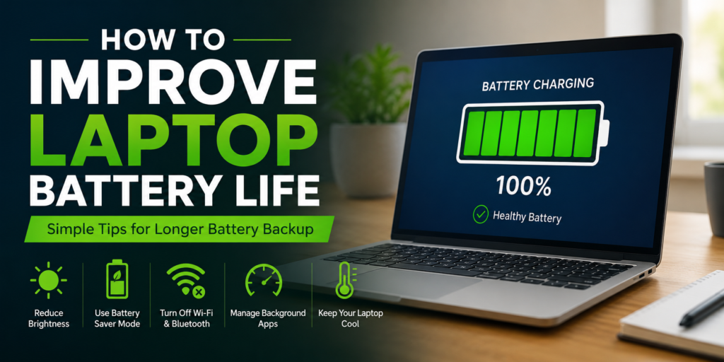 How to Improve Laptop Battery Life with simple battery-saving tips on a Windows laptop.